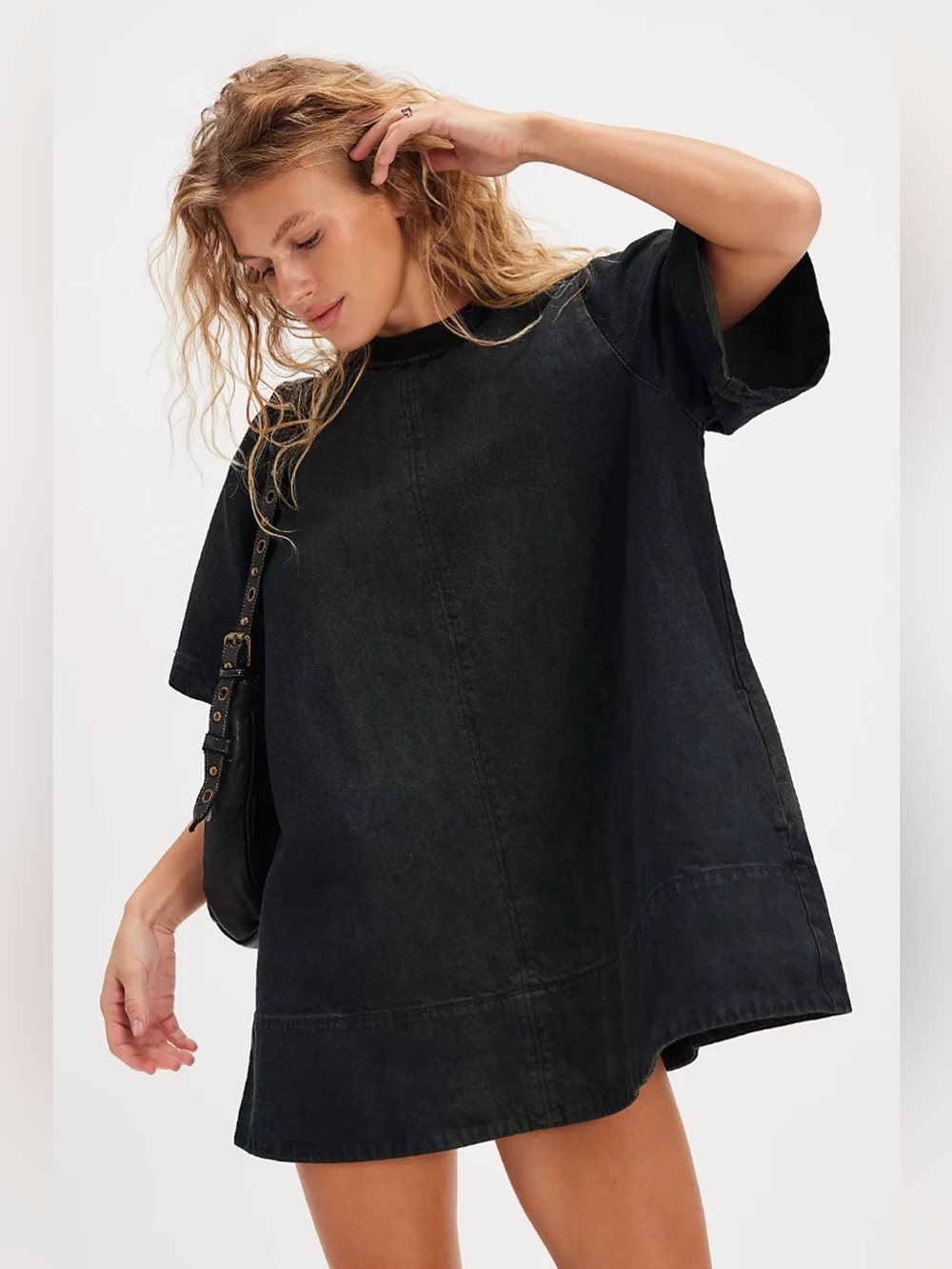 Free People Harlow Mini Dress Washed Black Oversized Denim Tee Dress Large NWOT - Picture 1 of 3